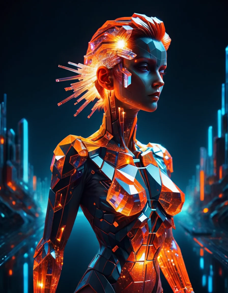 woman, dynamic pose, orange crystalz glowing outlines, grid, cyberpunk, 1980s, retro, scifi, city, (masterpiece:1.2), best quality, (hyperdetailed, highest detailed:1.2), high resolution textures, made out of crystalz <lora:crystalz-lycoris:1>