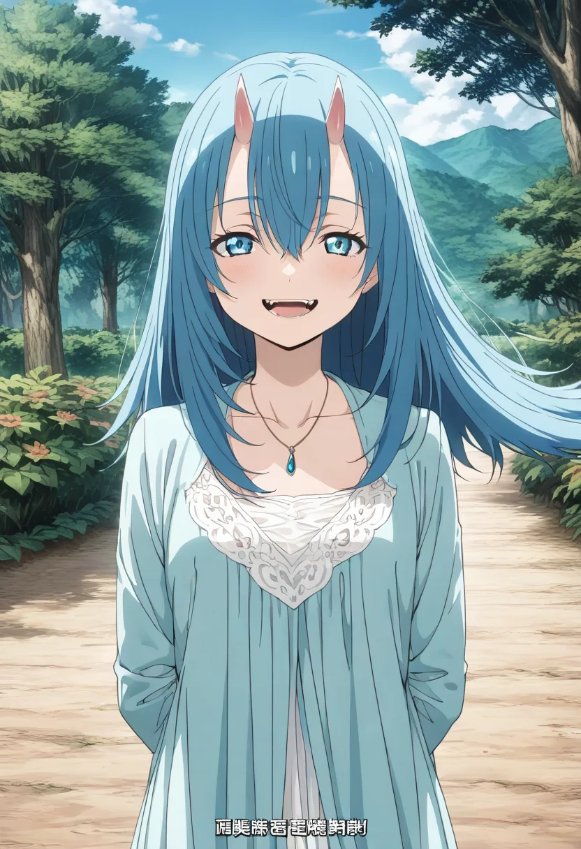 masterpiece, best quality, absurdres, detailed skin, detailed eyes, anime colored, anime screencap,
<lora:Solitaire:0.8>, 1 girl, Solitaire, blue hair, hair between eyes, oni horns, solo, looking at viewer, smile, fangs, upper body,
arms behind back,
outdoors,