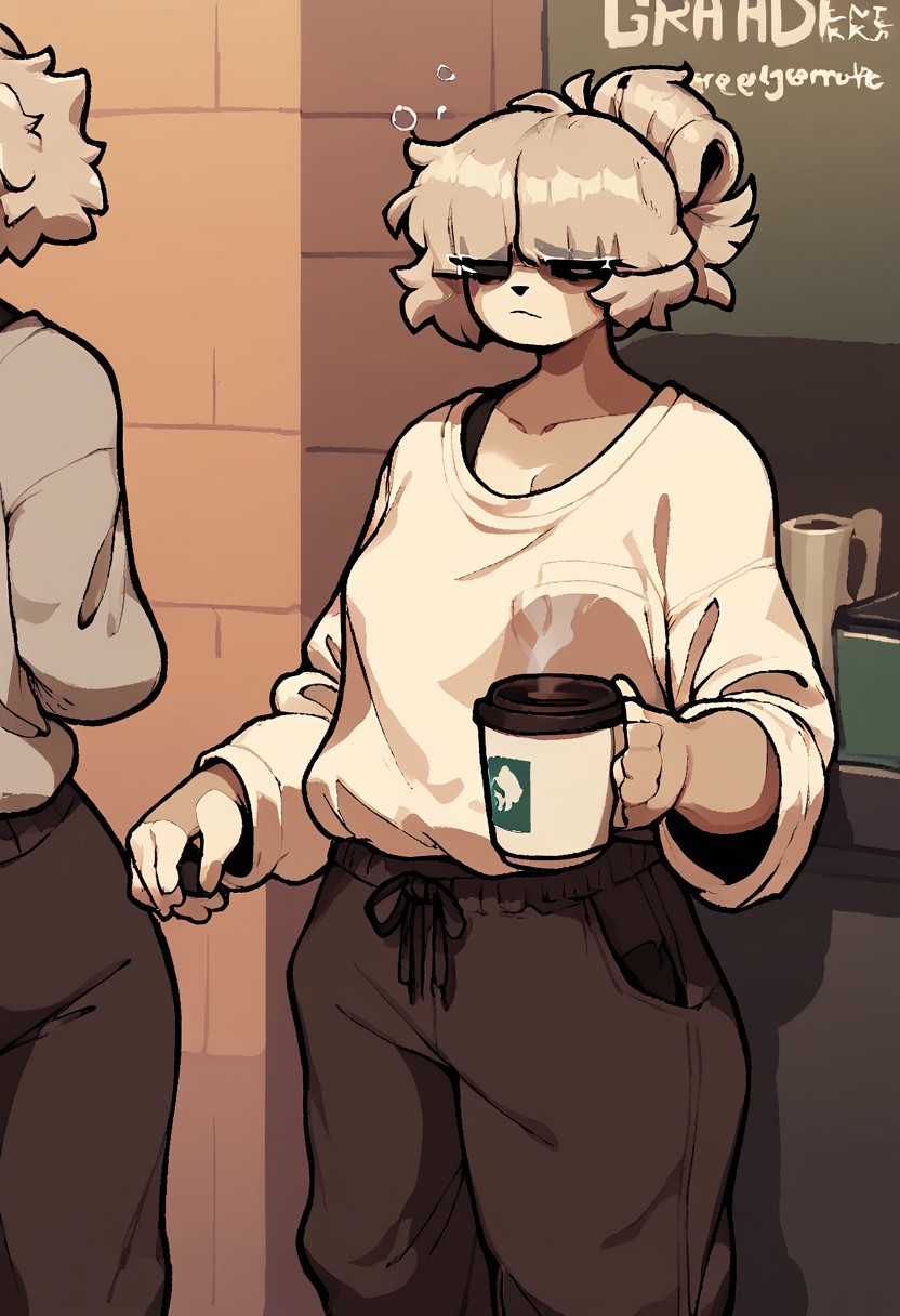 score_9, score_8_up, score_7, by theelgenerate, coffee cup, female, platinum blonde hair, loose shirt, baggy pants, tired expression, coffee shop
