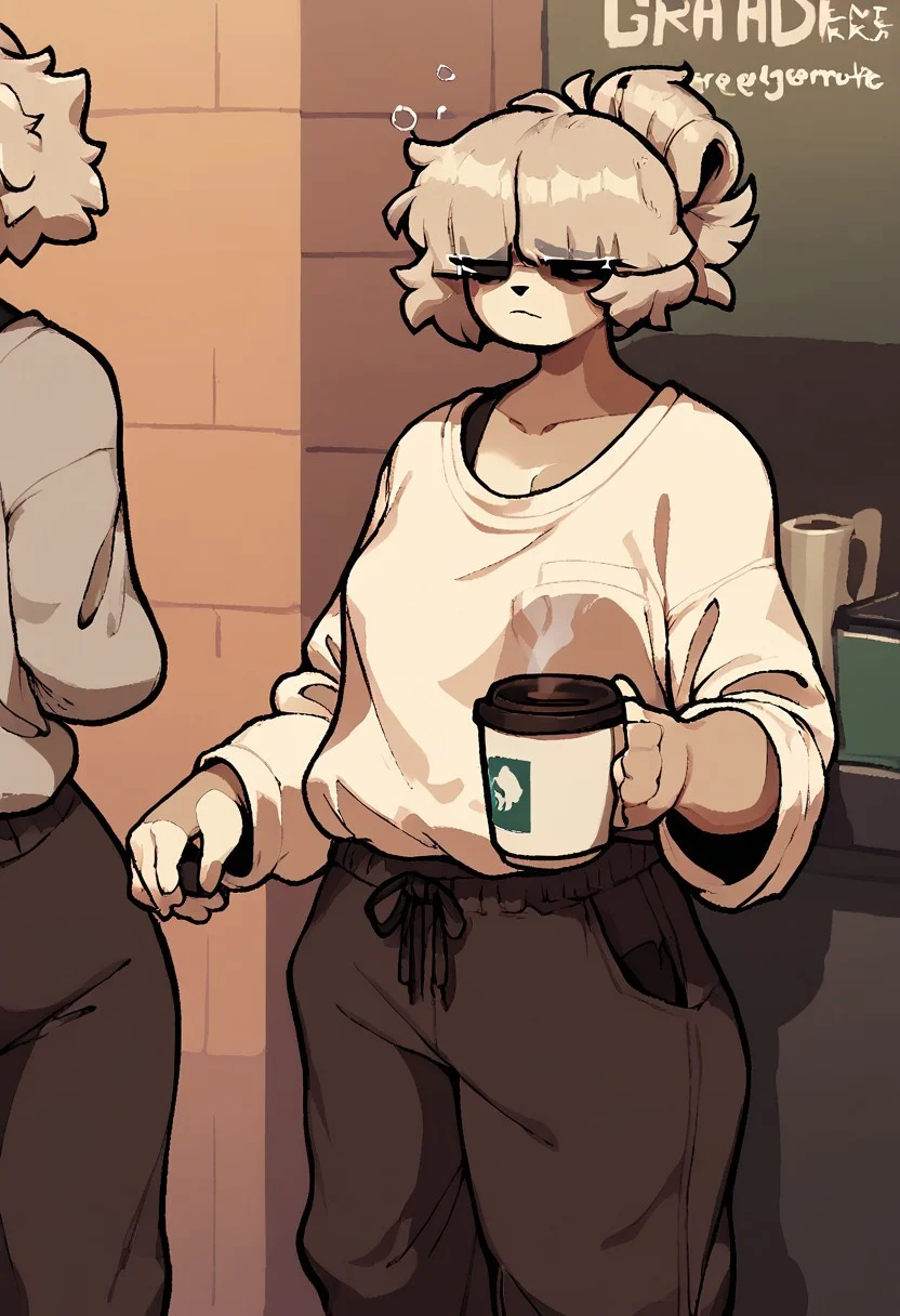 score_9, score_8_up, score_7, by theelgenerate, coffee cup, female, platinum blonde hair, loose shirt, baggy pants, tired expression, coffee shop