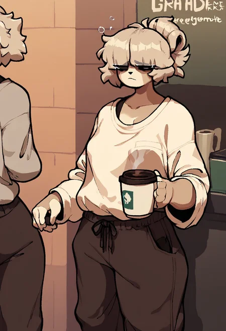 score_9, score_8_up, score_7, by theelgenerate, coffee cup, female, platinum blonde hair, loose shirt, baggy pants, tired expression, coffee shop