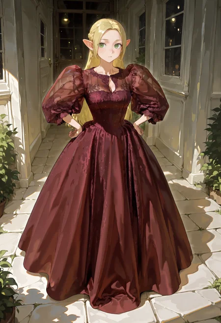 1girl, solo, red dress, puffy sleeves, long dress, marcille_donato
