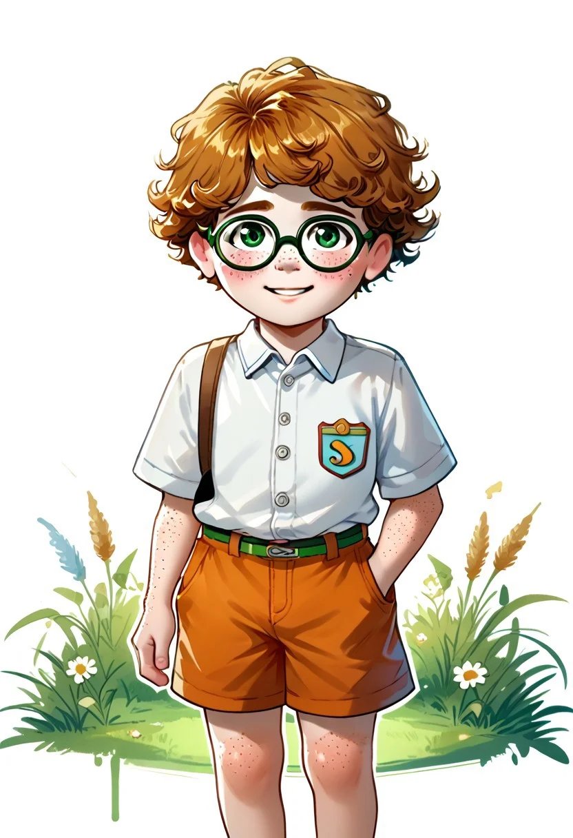 DarirStyle
score_9, score_8_up, score_7_up, highly detailed, cute boy, 1boy, solo, young, polo shirt, shorts, nerdy boy, glasses, freckles, curly hair, ginger hair, green eyes, shy smile, blushing, AHR