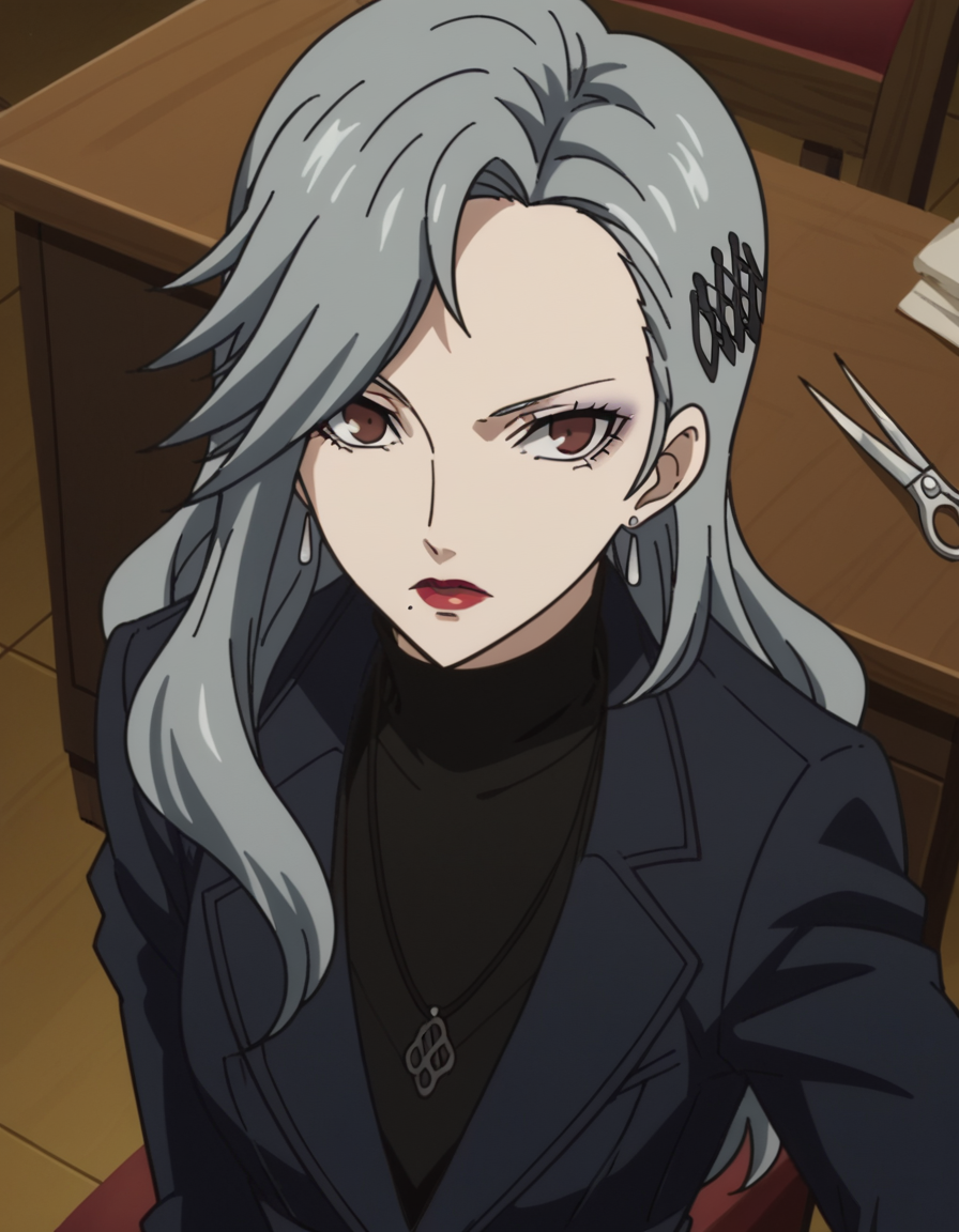score_9, score_8_up, score_7_up, source_anime, <lora:sae-niijima-s1-ponyxl-lora-nochekaiser:1>, sae niijima, long hair, hair ornament, brown eyes, grey hair, makeup, lipstick, mole under mouth, red lips, medium breasts, mature female, anime screencap, long sleeves, jewelry, jacket, earrings, pants, necklace, coat, turtleneck,, salon, chairs, mirrors, scissors, beauty, , from above,, looking at viewer, solo,, dutch angle, cowboy shot