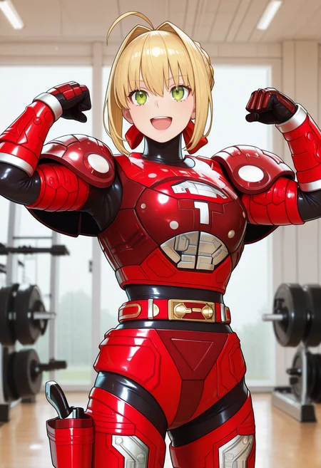 1girl, solo, R3ddle, armor, red armor, bodysuit, shoulder pad, gloves, belt, holster, shiny clothes,(nero claudius (fate):0.9), blonde hair, green eyes, flexing, looking at veiwer, smile, open mouth, covered neck, black neck, cowboy shot,
indoors, gym,
best quality, very aesthetic, masterpiece,