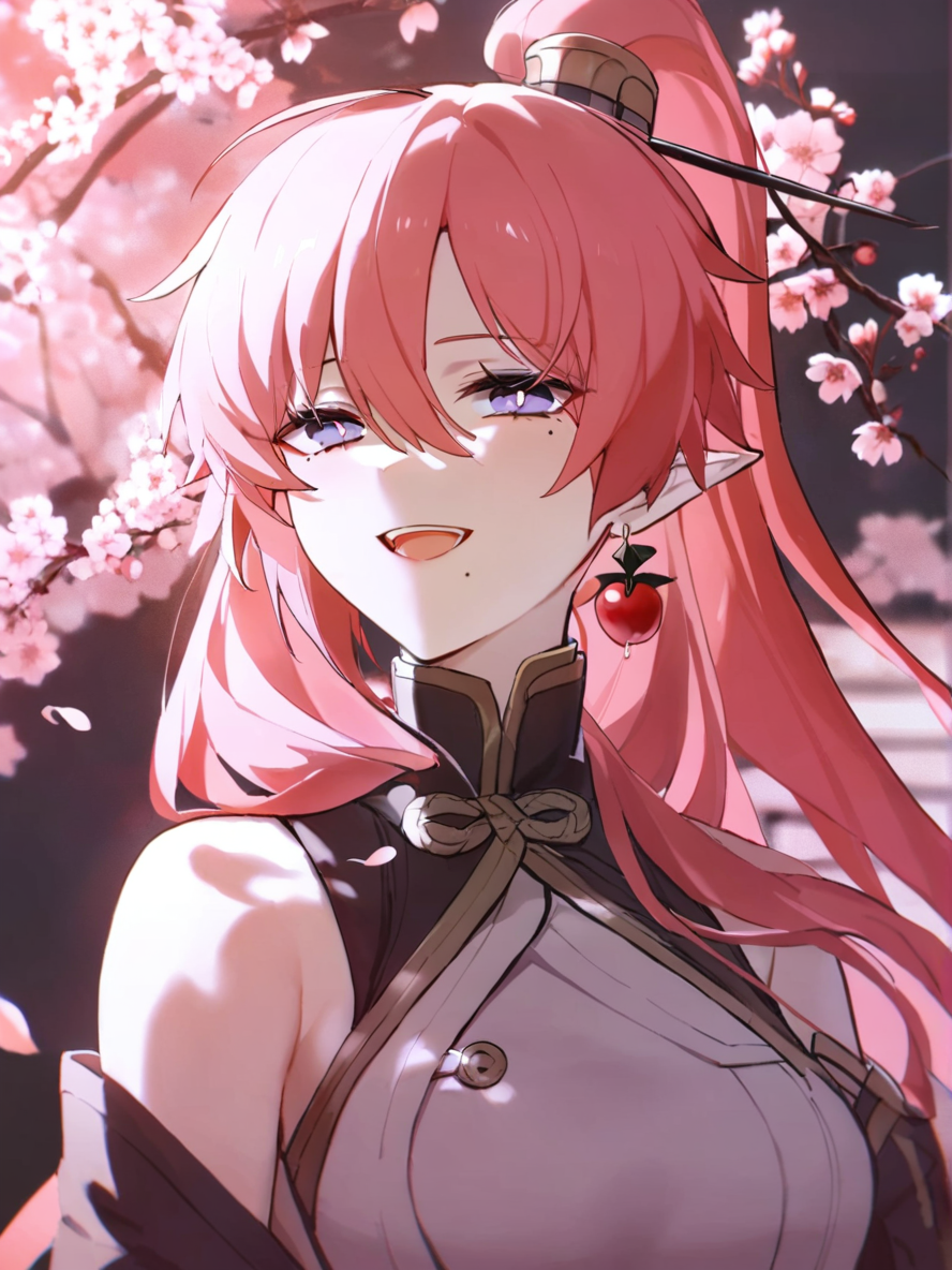 1girl, 
yinlin \(wuthering waves\),  
solo, red petals, mole under eye, smile, looking at viewer, falling petals, pink theme, red nails, :d, white dress, open mouth, flower, pink hair, ahoge, mole under mouth, ponytail, dress, bare shoulders, holding flower, mole, pink flower, blue eyes, white background, long hair, cherry blossoms, petals, earrings, holding, jewelry, sidelocks, hair between eyes, 
masterpiece, best quality,  safe
 <lora:mki-ani3-yinlin-v1:1> <lora:mki-ani3-konya_karasue-v2:1>