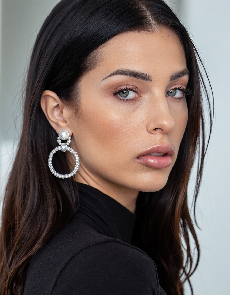 The reflective surfaces of her earrings and outfit create a dynamic interplay with the environment, emphasizing her sleek presence. The minimalist background allows the viewer to focus on her eye-catching fashion and makeup. Captured with a Sony A7R IV camera and a 50mm f/1.2 G Master lens for a beauty editorial shoot, this composition highlights her fashion-forward aesthetic. Inspired by avant-garde fashion photography from Sølve Sundsbø, this image blends contemporary fashion and minimalist elegance, embodying mythp0rt and niji_flux styles for a sleek, high-fashion vision. ((portrait))
