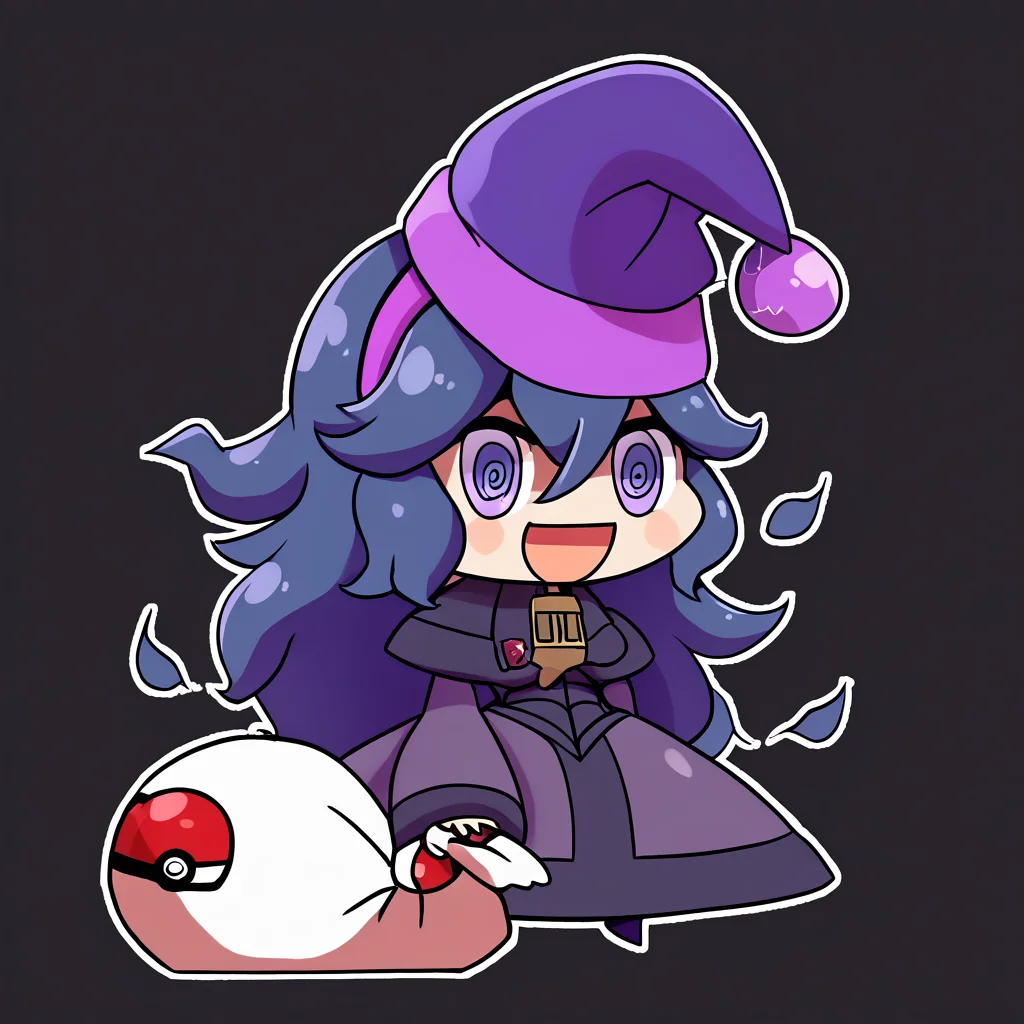 score_9, score_8_up, score_8, ,,, zzPadoru, hex_maniac_(pokemon) , 1girl, long hair, smile, open mouth, simple background, long sleeves, dress, holding, hair between eyes, purple eyes, full body, purple hair, :d, hairband, witch hat, black background, messy hair, purple dress, outline, poke ball, @ @, poke ball (basic), white outline, purple headwear, purple hairband, holding sack, ,<lora:PadoruMemePDXL:1.0>, ,,, smile, looking at viewer, ,,, embedding:zPDXL, <lora:SDXLFaeTastic2400:0.5>, <lora:Hex_Maniac_Pokemon_P1:1.0>,