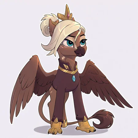 masterpiece, score_9_up, score_8_up, score_7_up, score_6_up, (best quality:1.1), ultra-detailed, high resolution, solo, vivienne discret, griffon, mlp style, avian, feral, female, eyebrows, blue eyes, beak, light blonde hair, ponytail, brown feathers, feathery ears, wings, tail, small crown, royal clothes BREAK standing, full body, expressiveh, simple background, highly visible, sharp focus, anatomically correct