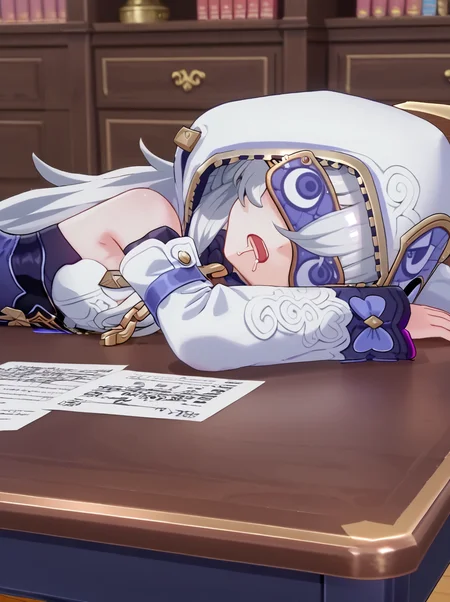 detailed background, shiny skin, posing,
<lora:sitheresa.pony:1.0>,
sitheresa, 
tired, 
desk, head rest on desk, eyemask, zzz, sleeping, open mouth, drooling,