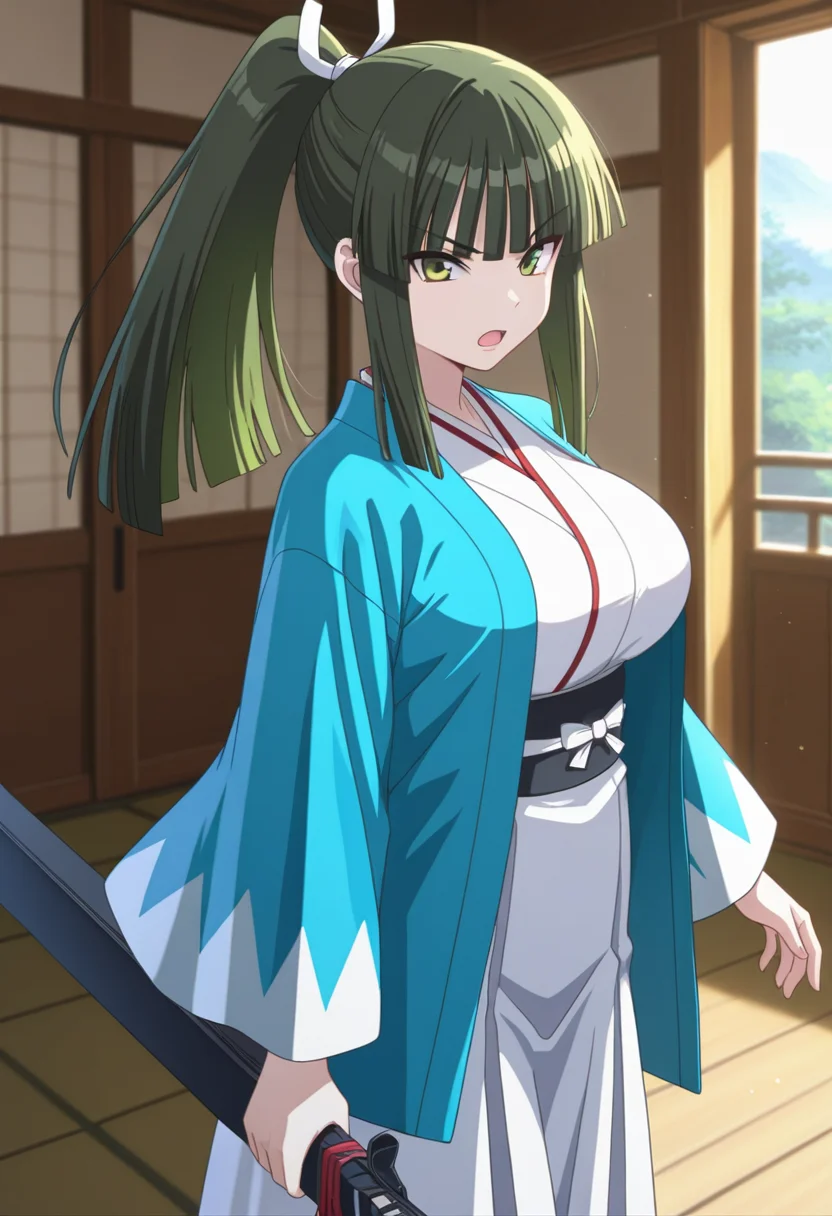 masterpiece, best quality, amazing quality, 1girl, solo, cowboy shot, akenoww, green eyes, green hair, long hair, blunt bangs, ponytail, white hair ribbon, large breasts, shinsengumi, japanese clothes, blue haori, kimono, long sleeves, wide sleeves, white hakama, tabi, zouri, weapon case, holding weapon case, looking at viewer, serious, open mouth, indoors, day, skindentation, detailed clothing folds, depth of field, sharp, high contrast, dynamic light<lora:Shiranui_Akeno_Seto_no_Hanayome_ill_v22:0.9>