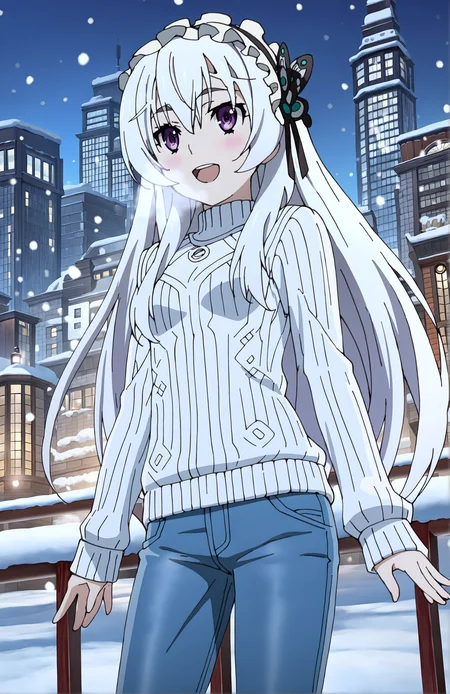 ChaikaTrabant, 1girl, solo, white hair, long hair, purple eyes, butterfly hair ornament, hair ribbon, lolita_hairband, snow, city, :D, jeans, sweater, longsleeve