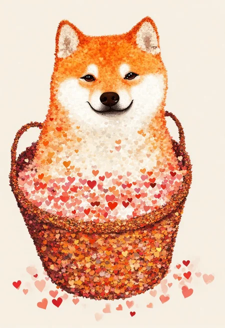 A shiba inu with a basket in its mouth filled with a larged heart,small hearts style