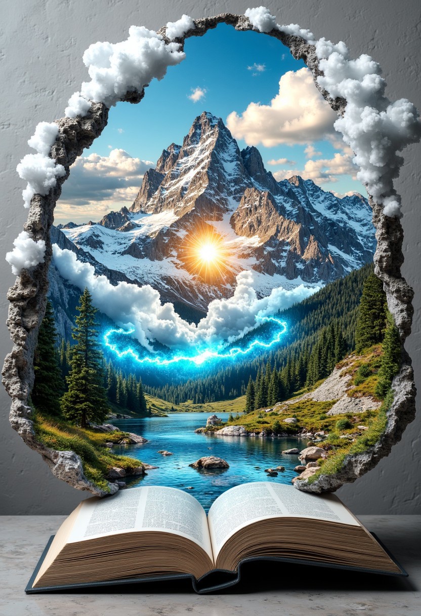 grey stone surface. The book's pages are open, fantastical scene. The central subject is an open book with a golden, a lush, gray stone surface, mixed-media piece that merges a natural landscape with an open book. The artwork features a dramatic, white clouds and patches of blue sky. The mountains are rugged and majestic, revealing a vibrant, glowing blue tones, brown paper, surreal image featuring an open book with a fantastical
