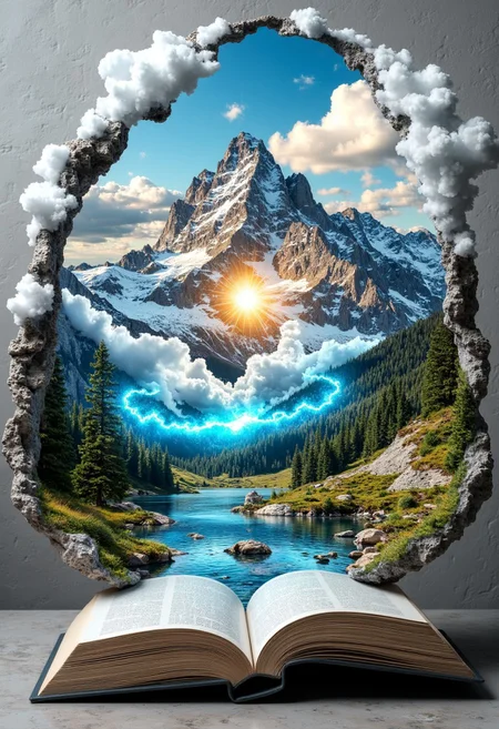 grey stone surface. The book's pages are open, fantastical scene. The central subject is an open book with a golden, a lush, gray stone surface, mixed-media piece that merges a natural landscape with an open book. The artwork features a dramatic, white clouds and patches of blue sky. The mountains are rugged and majestic, revealing a vibrant, glowing blue tones, brown paper, surreal image featuring an open book with a fantastical