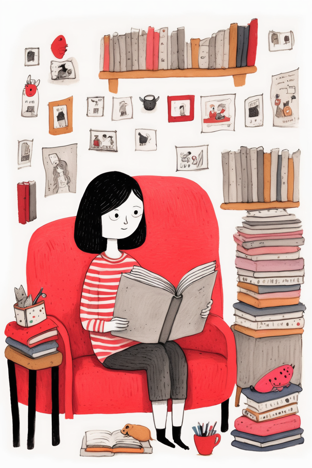 <lora:Gemma Correll Style:1>Gemma Correll Style - A drawing for children in the style of Gemma Correll on white background. A woman is reading on the sofa.