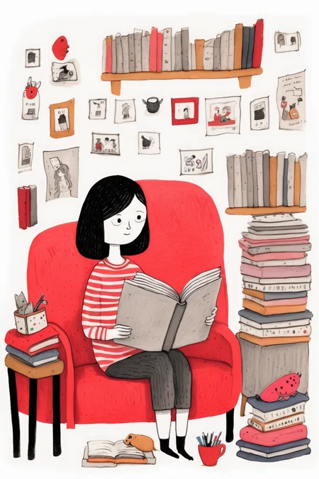 <lora:Gemma Correll Style:1>Gemma Correll Style - A drawing for children in the style of Gemma Correll on white background. A woman is reading on the sofa.