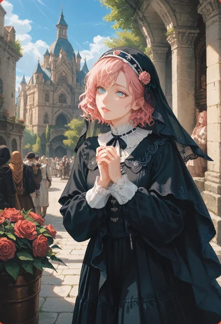score_9, score_8_up, score_7_up, score_6_up, 
vermis style, Expressiveh, 
BREAK
1girl, short hair, wavy hair, pink hair, gradient eyes, light blue eyes, pink eyelashes, black veil, lace-trimmed veil, puritan collar, lace-trimmed collar, black neck ribbon, long sleeves, pleated black habit, looking up, 
praying, own hands together, interlocked fingers, pink nails, walking, Romanesque architecture, columns, arcade \(architecture\), bustling town, crowds
BREAK
intricate pattern, rose motif, medieval decoration, outside border, masterpiece, best quality, very aesthetic, absurdres, amazing quality, newest, dynamic background, medieval, renaissance, detailed background,