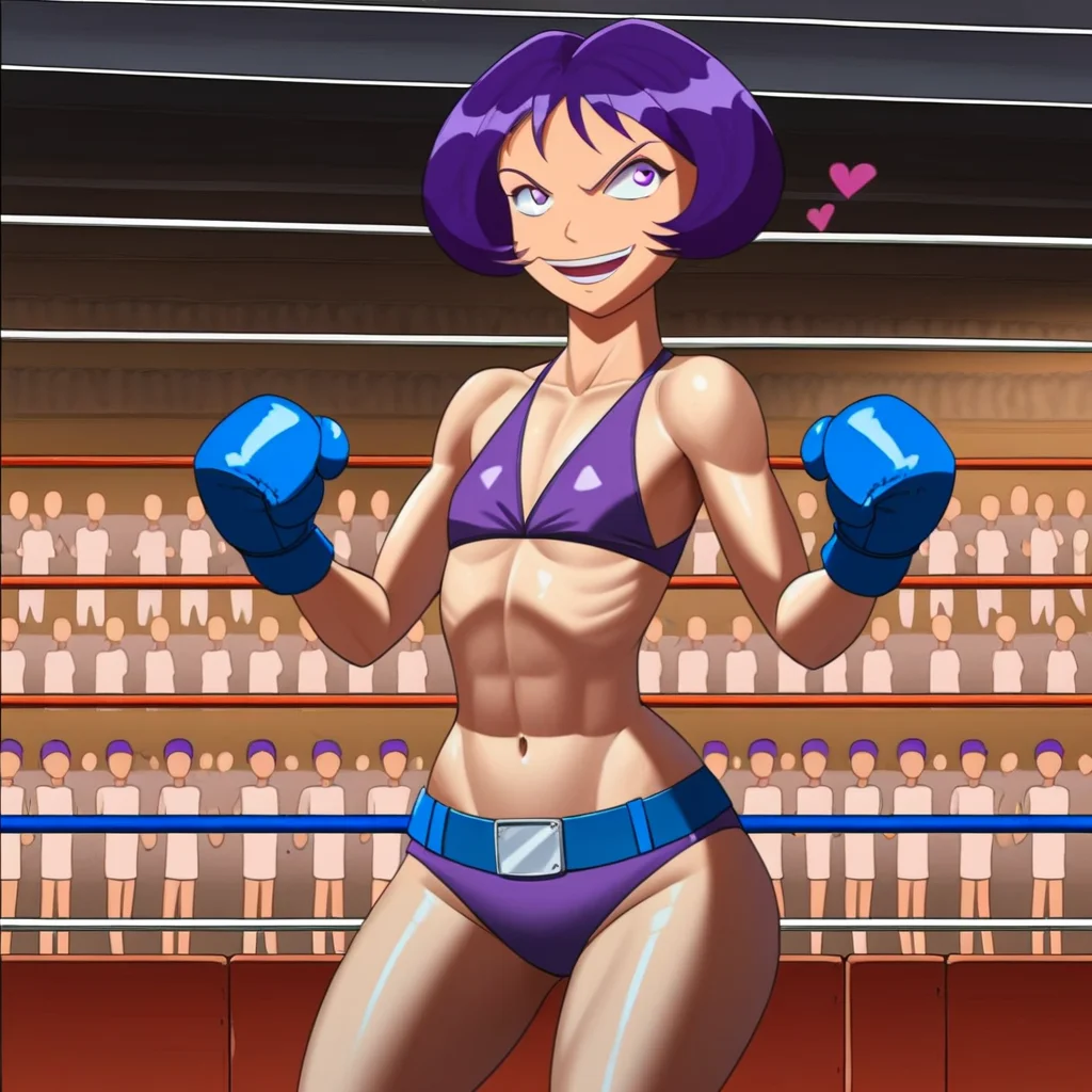 score_9, score_8_up, score_7_up, score_6_up, score_5_up, score_4_up, BREAK, madison_ts, purple hair, short hair, bangs, purple eyes, purple eyebrows, pink lipstick, makeup, large breast, mature female, flat chest, wide hips, narrow waist, amazonian body, 18 years old, 1girl, solo, wearing purple boxing gloves, boxing arena, boxing ring, full body, wearing purple bikini, navel, smile, open mouth, detailed background, crowd, pose, victory celebration, championship belt, washington d.c., stadium, detailed background, anime, source_anime, 2000's style <lora:Madison_Totally_Spies:0.8>