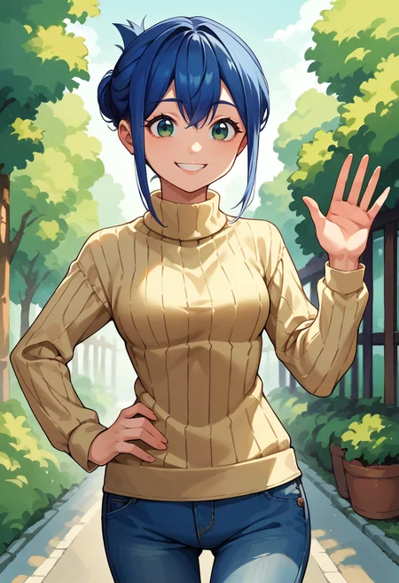 score_9, score_8_up, source_anime, 1girl, solo, KanokoMamiya, green eyes, blue hair, short hair, folded ponytail, outdoors, sweater, ribbed sweater, jeans, hand on hip, waving at viewer, smile, <lora:ChamKanokoMamiyaPonyXL:1>