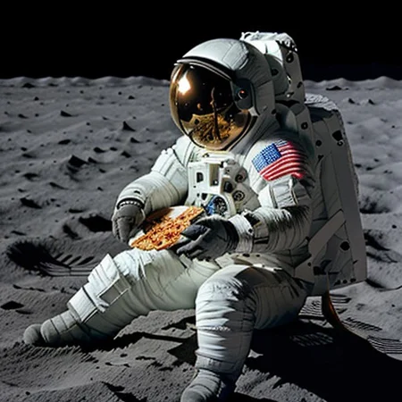 A Cute crystal skull wearing spacesuit helmet, sitting on the moon, holding a piece of pizza, 
spacesuit, FastNegativeV2, fcNeg, cry5t415ku11,