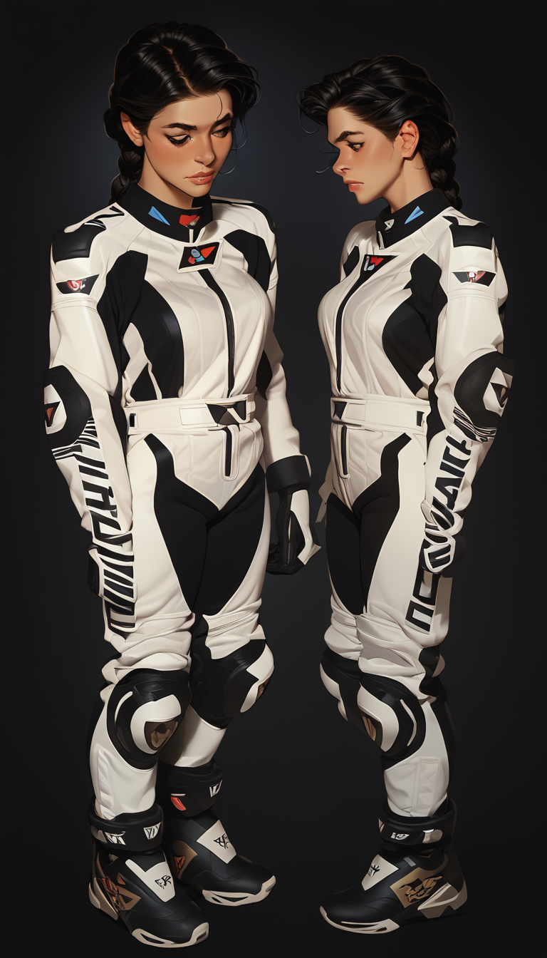 score_9, score_8_up, score_7_up, illustrationl, 1 girl , braid, black hair, female focus,motor bike racing suit, motor bike suit, racing suit,  full body, dynamic poses, , multiple views,  <lora:incase-ilff-v3-4:0.8> <lora:Motorcycle Racing Suit_epoch_9:0.8>
