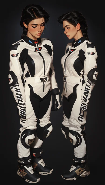 score_9, score_8_up, score_7_up, illustrationl, 1 girl , braid, black hair, female focus,motor bike racing suit, motor bike suit, racing suit, full body, dynamic poses, , multiple views, <lora:incase-ilff-v3-4:0.8> <lora:Motorcycle Racing Suit_epoch_9:0.8>