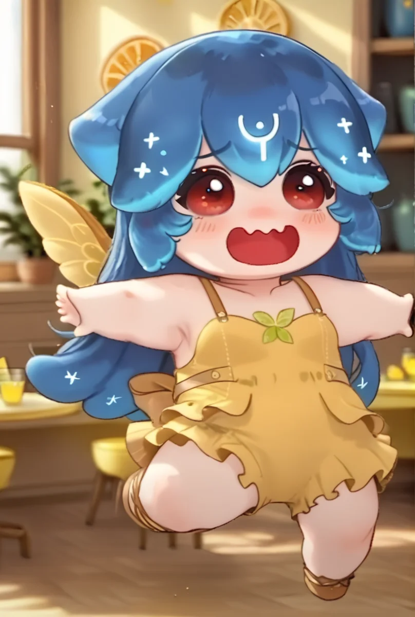 (score_9, score_8_up, score_7_up, score_6_up, score_5_up, score_4_up),
BaoTheWhale,chibi bao,1girl,lemon outfit,solo,long hair,open mouth,bangs,red eyes,blue hair,full body,wings,virtual youtuber,happy,chibi,wavy mouth,monster girl,liquid hair
 <lora:bao_vtuber_pony:0.8>