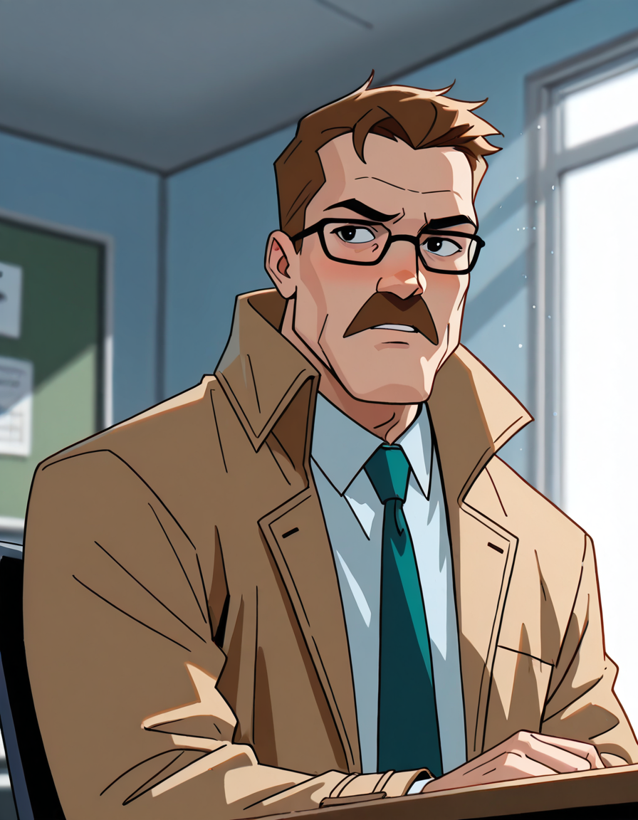 lazypos,<lora:Commissioner_James_Gordon_-_The_Batman-000019:1>,<lora:Batman_-_IO_Illustrious:0.5>,<lora:BatSup_Anim_90s_ILXL:0.4>,<lora:Commissioner Gordon:1>,western Comic book style:1.5,DC Comics:1.3,photorealistic, impressionism (1.5), high detail,male focus, face focus, eye focus, depth of field, (blurred background), (dramatic lighting), masterpiece, best quality, very aesthetic,8k,masterpiece, best quality,masterpiece, best quality, 8k,1 boy,POV from across a desk,an interview in an office,side view,1boy (Commissioner James Gordon, Facial Hair, Mustache, Glasses, Brown Hair, Black Eyes, glasses, tan coat, tie, sitting in an office chair, in an office, in front of a desk, looking embarrassed), detailed face, detailed eyes, skin texture