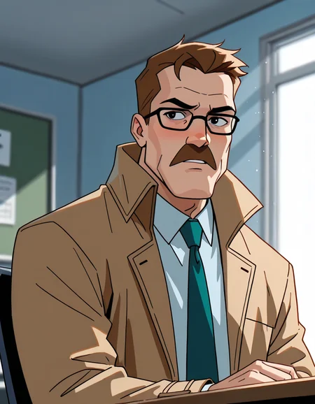 lazypos,<lora:Commissioner_James_Gordon_-_The_Batman-000019:1>,<lora:Batman_-_IO_Illustrious:0.5>,<lora:BatSup_Anim_90s_ILXL:0.4>,<lora:Commissioner Gordon:1>,western Comic book style:1.5,DC Comics:1.3,photorealistic, impressionism (1.5), high detail,male focus, face focus, eye focus, depth of field, (blurred background), (dramatic lighting), masterpiece, best quality, very aesthetic,8k,masterpiece, best quality,masterpiece, best quality, 8k,1 boy,POV from across a desk,an interview in an office,side view,1boy (Commissioner James Gordon, Facial Hair, Mustache, Glasses, Brown Hair, Black Eyes, glasses, tan coat, tie, sitting in an office chair, in an office, in front of a desk, looking embarrassed), detailed face, detailed eyes, skin texture