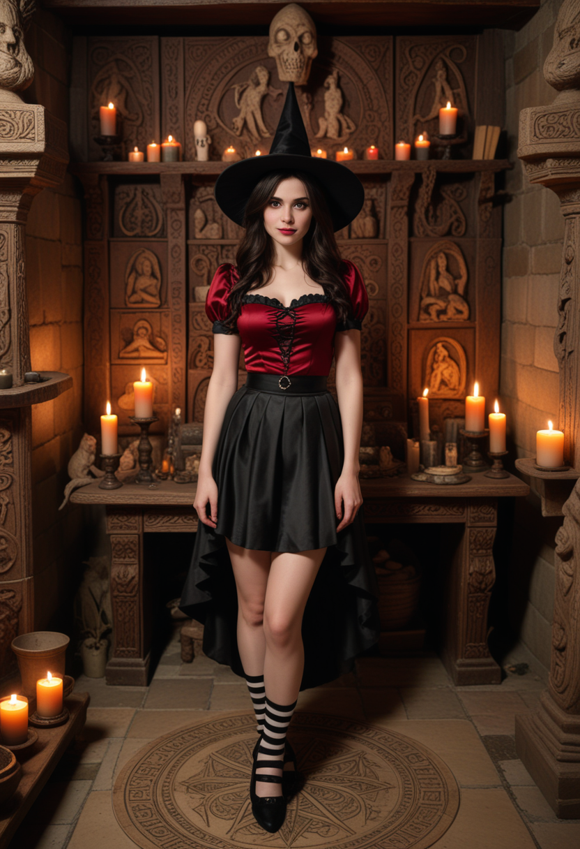(medium full shot) of man, (Mesmerizing witch) young woman, australian, pale skin, hazel eyes, normal build, dark hair,  wearing deep red satin top, layered skirt, pointed hat, striped stockings, black Mary Janes, serpent familiar, set in  witch coven, Ritual Chamber, Dimly lit space with ancient tapestries adorning stone walls, a large wooden altar in the center, ornate candle holders, ritualistic symbols carved into the floor, and an assortment of mystical artifacts displayed on shelves , woman smiling at the viewer, Masterpiece,best quality, photo, realistic, very aesthetic, detailed face,
