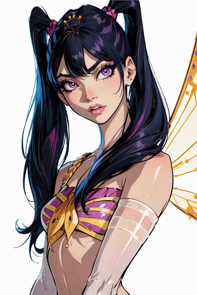 (Musa:1.5), (fairy wings), purple hair, twintails, two piece outfit, purple eyes, bangs, (solid white background, white background:1.5), (realistic:1.2), (masterpiece:1.2), (full-body-shot:1),(Cowboy-shot:1.2), neon lighting, dark romantic lighting, (highly detailed:1.2),(detailed face:1.2), (gradients), colorful, detailed eyes, (natural lighting:1.2), solo <lora:WinxClubEnchantixMusa-10:0.8> <lora:add_detail:0.3> <lora:BeautifulEyes:0.6>