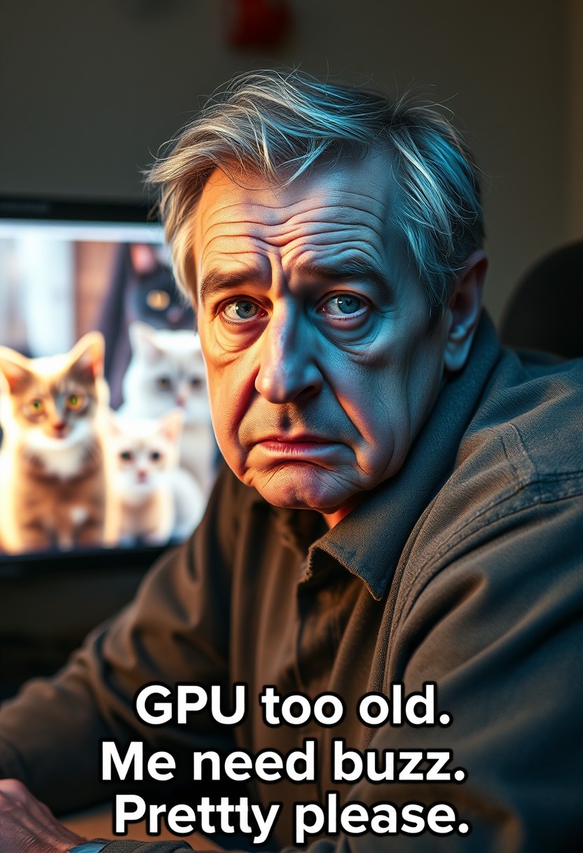 Dramatic photograph of a very embarrassed middle age man begging for glowing thunder icons. He has a beer shade and dark circles under his eyes.
He sits at a computer desk with cat images on the monitor.
He looks cold and lonely.
With text that reads "GPU too old. Me need buzz. Pretty please."