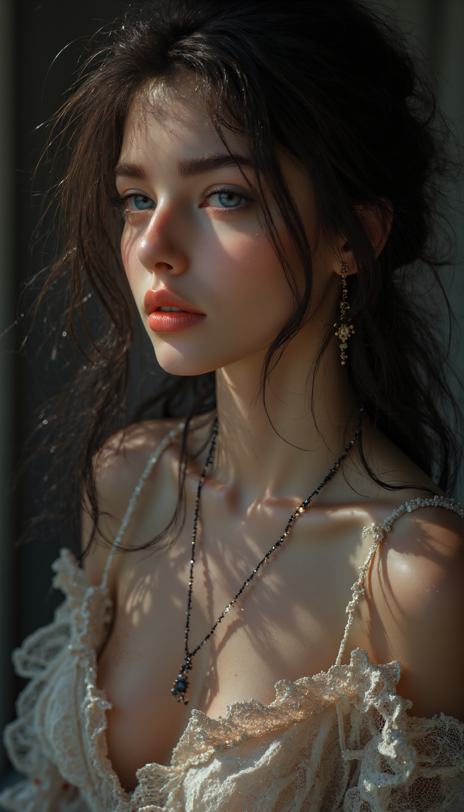 Midjourney_Whisper, A hyper-realistic portrait of a stunning supermodel, featuring a beautifully detailed face with captivating eyes and a serene expression. The image showcases her natural beauty, focusing on her flawless skin and delicate features. The composition blends modern and traditional elements with a neo mode, avant-garde style, characterized by elegant lines, vibrant colors, and exquisite details. Her hair is styled in an intricate and unique fashion, adding to her ethereal and timeless aura. The lighting enhances her features, creating a soft interplay of light and shadow, while the high-resolution quality captures every detail with photorealistic clarity, relaxed pose, (three quarter view:0), (from above:0.2), (dutch angle:0),upper body, breast focus, facing away, <lora:midjourney_whisper_flux_lora_v01:1>,