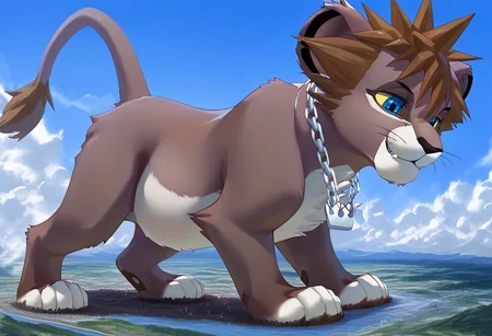 Safe_pos, score_9, score_8_up, score_7_up, detailed face, best quality, 1boy, solo, masterpiece, detailed background, beautiful, detailed eyes, mature male, giantess, macro
side view, lien,
solo focus, 1male, LionSora, male lion, felid, feral, blue eyes, yellow sclera, spiky hair, chain necklace, brown hair, brown fur, brown body, white fur, white body, two tone body, two tone fur, black nose, whiskers, tail, fangs, On fours, tail, ((full body view)),chubby,colossal,face focus,
standing, seductive pose, light smile, narrowed eyes,
long river, skyline, cityscape, destroyed cityscape, earthquake, steam, fog, craters