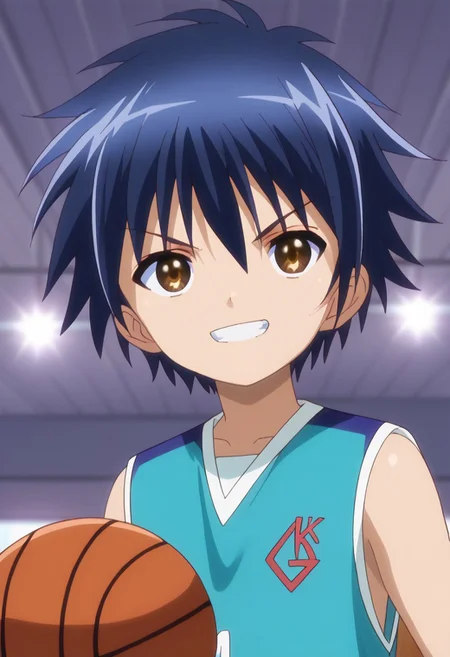 score_9, score_7_up, source_anime 
natsuhi, 1boy, male focus, solo, brown eyes, blue hair, bangs, sportwear, basketball uniform, shirt, blue shirt, sleeveless, indoor, grin, upper body