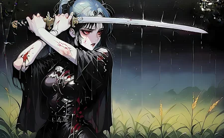 score_9,score_8_up,score_7_up,score_6_up,score_5_up,score_4_up,source_anime BREAK holds katana,katana,(ponytail:1.2),1girl,japanese_armor,glowing eyes,blood from eyes,red eyes,in autumn,rain,in a meadow,wheat field,tall grass,<lora:STNST:1>,STNST,retro aesthetic,vintage,grunge,scratches,film grain,eerie,intense,gothic,dark,horror,scratches,vintage texture,grunge effect,film grain,retro aesthetic,high contrast,retro film grain,eerie,mysterious,intense,edgy,gothic,dark,horror,vintage,grunge,
