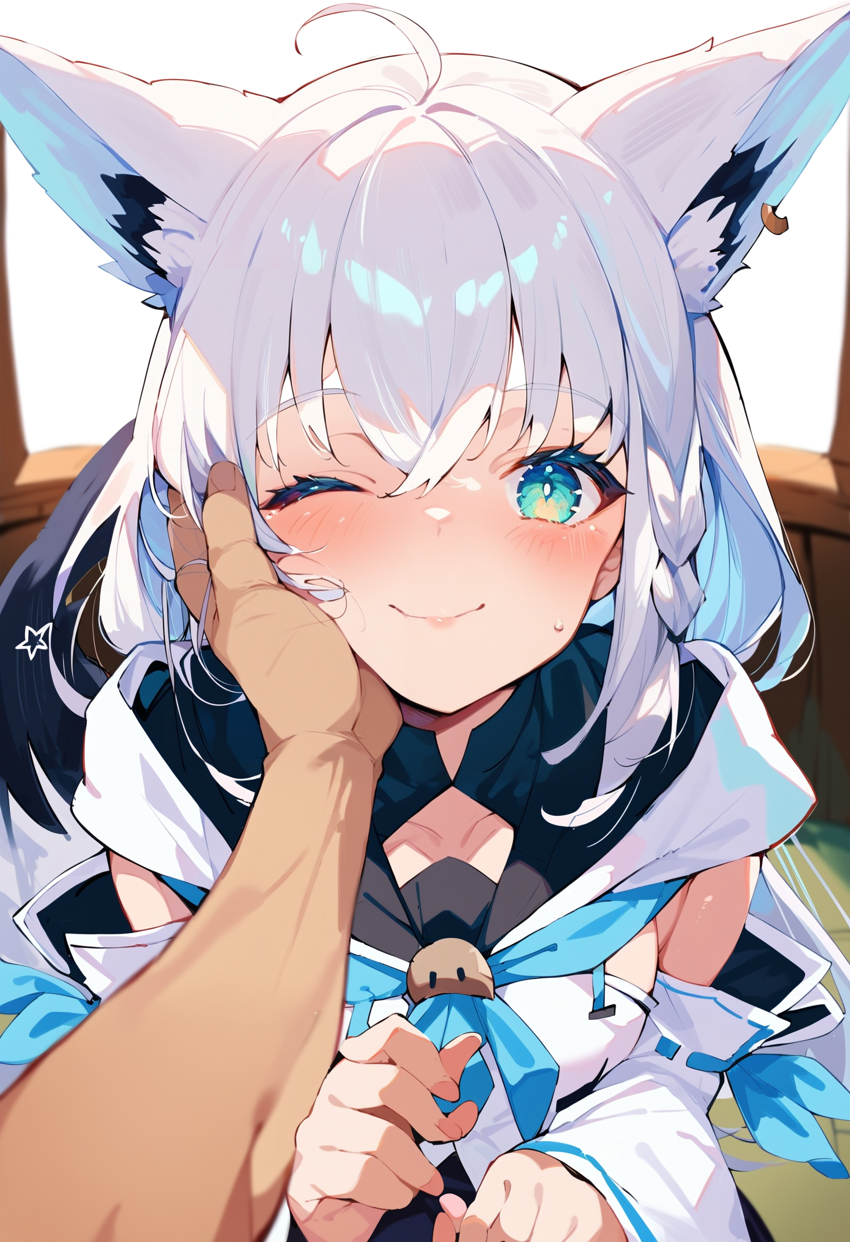 score_9, score_8_up, score_7_up, score_6_up, source anime,
shirakami fubuki, fubuki base, one eye closed, white hair, blush, braid, pov, fox tail, looking at viewer, hand on another's cheek, pov hands, simple background, solo focus, smile, indoors
<lora:shirakami_fubuki_v2:1>