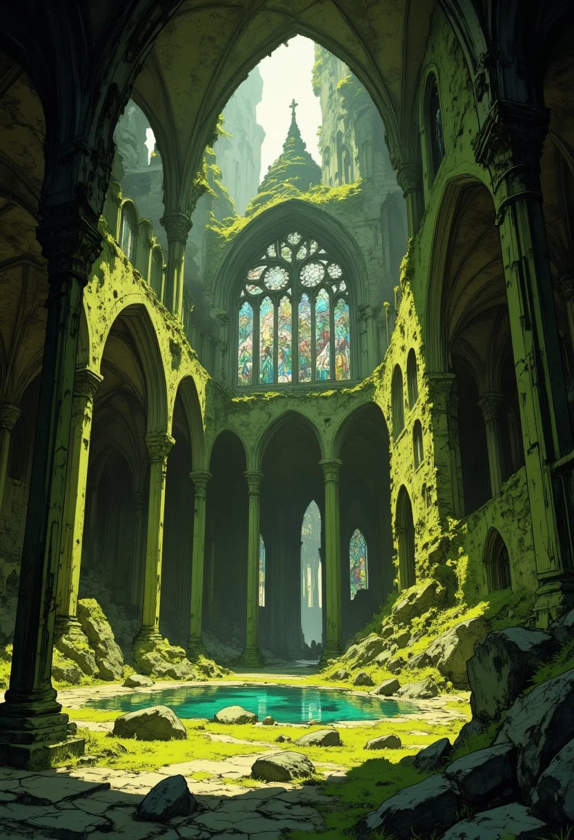 Moss-covered cathedral, shattered stained glass windows, ((visible sunbeam)), (godrays), (pool of water), award-winning photography, (32K, HD, crisp), ultra realistic