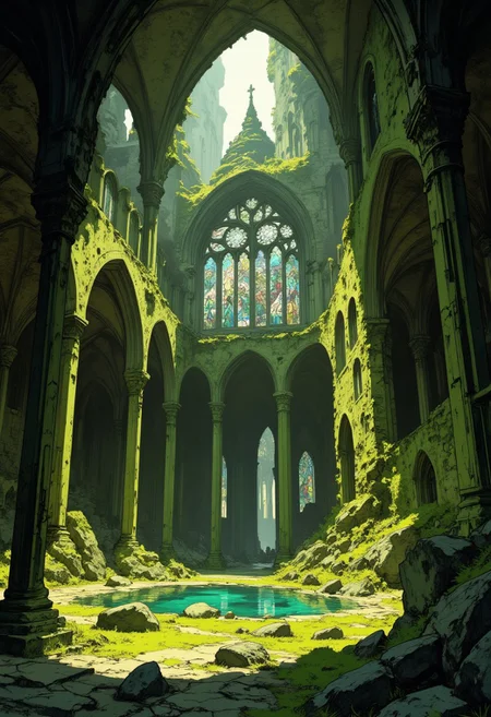 Moss-covered cathedral, shattered stained glass windows, ((visible sunbeam)), (godrays), (pool of water), award-winning photography, (32K, HD, crisp), ultra realistic