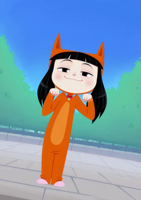 handsfree, masterpiece, best quality, amazing quality, very aesthetic, 1girl, solo, outdoors, smug, cat pose, looking at viewer, kitty_cat_illus, black hair, blunt bangs, twintails, cat costume, pose, dynamic angle, cute, <lora:Kitty_-_Kitty_is_not_a_cat_-_illustrious:1>