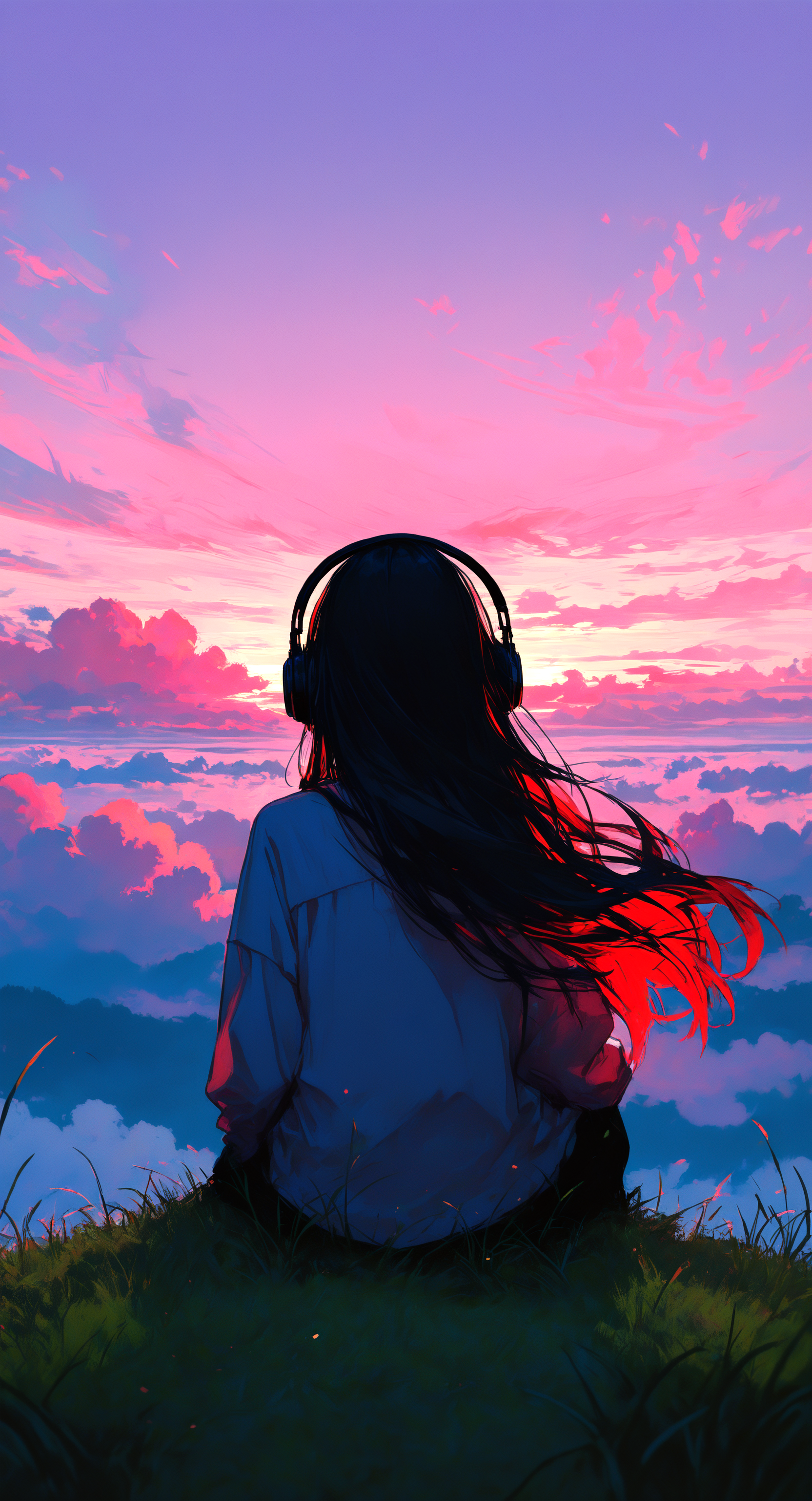 masterpiece, best quality, good quality, very awa, very aesthetic, absurdres, newest, 1girl, solo, very long hair, shirt, black hair, long sleeves, sitting, white shirt, outdoors, sky, cloud, from behind, headphones, grass, cloudy sky, scenery, sunset, facing away, twilight, evening, gradient sky, purple sky, red sky, pink sky,
Sitting on the top of the mountain, looking at the sea of ââclouds,wind, backlit, sunset, backlighting <lora:NOOB_vp1_detailer_by_volnovik_v1:0.35> <lora:noobai_ep11_stabilizer_v0.138_fp16:0.5> <lora:ponyv6_noobV1_2_adamW-000017:0.7> <lora:745cmSDXLvpred75S:0.45> <lora:backlitILL:0.45> <lora:96YOTTEA-WAI:0.4>