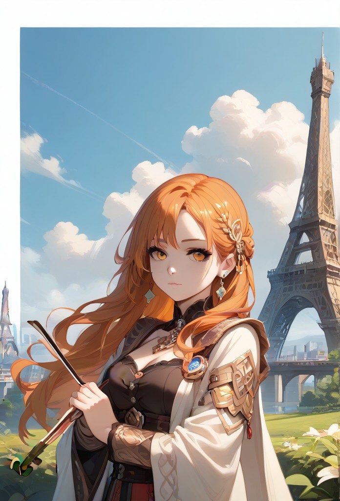 (1girl, solo,, Expressiveh, TenMic10, :1.3), The orange of the violin is a representation of the Viking's obsession with the The Eiffel Tower, colourful, score_9, score_8_up, score_7_up, masterpiece, best quality, very aesthetic