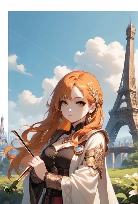 (1girl, solo,, Expressiveh, TenMic10, :1.3), The orange of the violin is a representation of the Viking's obsession with the The Eiffel Tower, colourful, score_9, score_8_up, score_7_up, masterpiece, best quality, very aesthetic