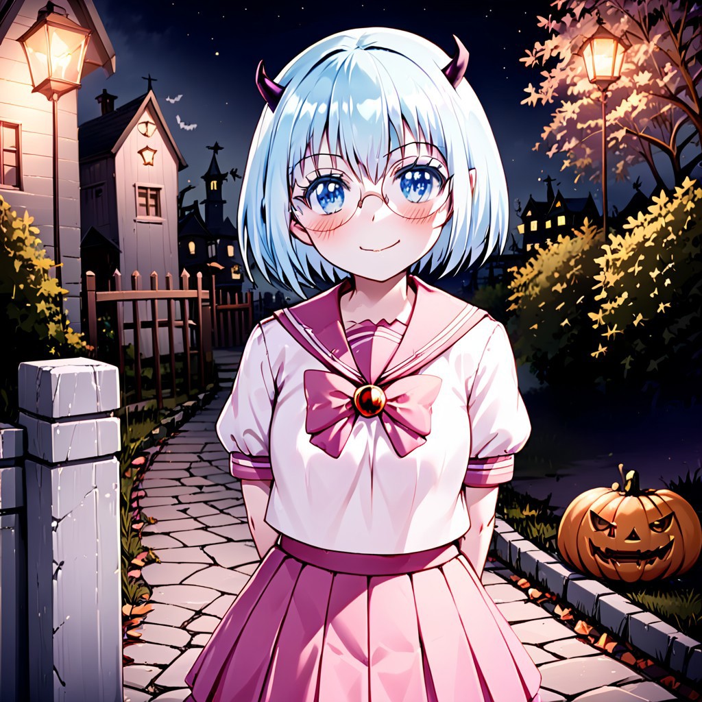 best quality, masterpiece, detailed, Crocell Kerori, smile, closed mouth, light blush, happy, light blue hair, short hair, blue eyes, horns, round eyewear, colored eyelashes, KeroriSchoolUniform, school uniform, serafuku, pink skirt, bow, standing, looking at the viewer, halloween, outdoors, night.