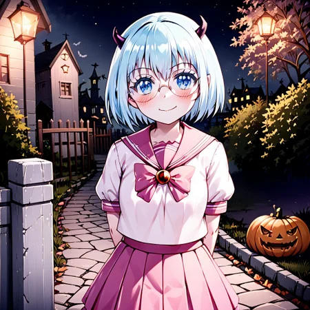 best quality, masterpiece, detailed, Crocell Kerori, smile, closed mouth, light blush, happy, light blue hair, short hair, blue eyes, horns, round eyewear, colored eyelashes, KeroriSchoolUniform, school uniform, serafuku, pink skirt, bow, standing, looking at the viewer, halloween, outdoors, night.