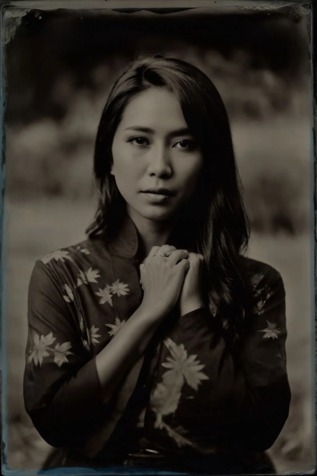 monochrome (wetplatecollodion:1.2),
a asian woman wearing native outfit,
elegant, elbows out, silhouette, nature,
selective focus
<lora:fix_hands:1>
<lora:Wet Plate Collodion_SDXLBase-V2:0.9>