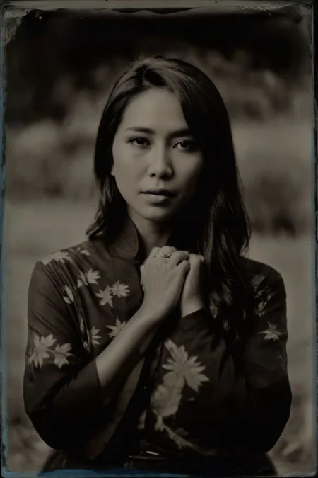 monochrome (wetplatecollodion:1.2),
a asian woman wearing native outfit,
elegant, elbows out, silhouette, nature,
selective focus
<lora:fix_hands:1>
<lora:Wet Plate Collodion_SDXLBase-V2:0.9>