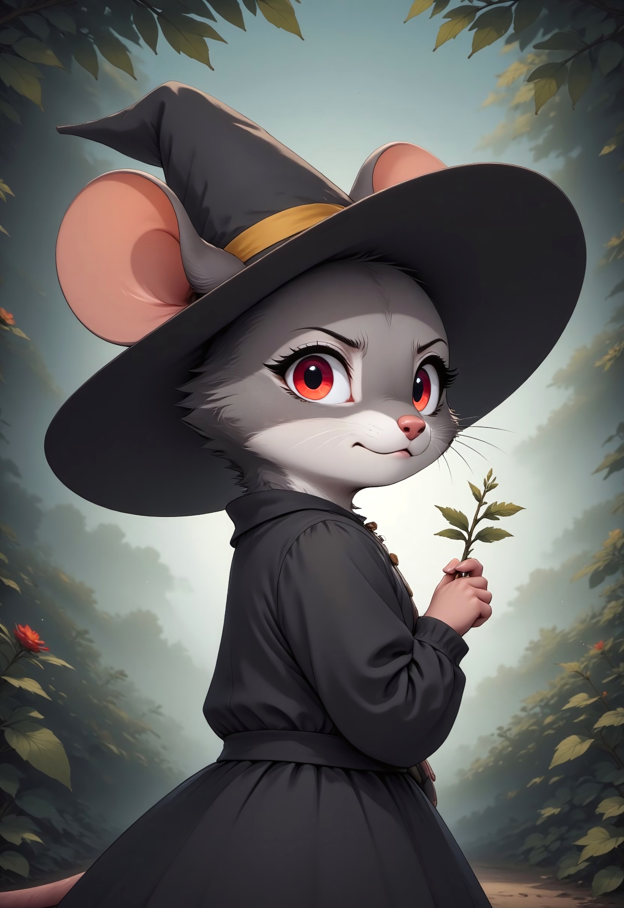 m0use_fstyle. Cute Cartoon female mouse is looking at the viewer with an irritated expression. Mouse has delicate gray fur with black ears and burning red eyes. She wears a black dress and a witch's hat. Her hat has a yellow band around it and a sprig of mistletoe is stuck in the band. Viewed from the side. Upper body focus. Head focus. Magical forest background,