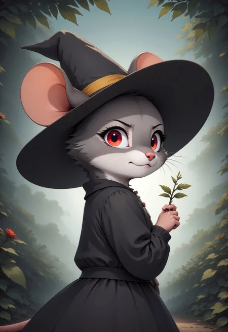 m0use_fstyle. Cute Cartoon female mouse is looking at the viewer with an irritated expression. Mouse has delicate gray fur with black ears and burning red eyes. She wears a black dress and a witch's hat. Her hat has a yellow band around it and a sprig of mistletoe is stuck in the band. Viewed from the side. Upper body focus. Head focus. Magical forest background,